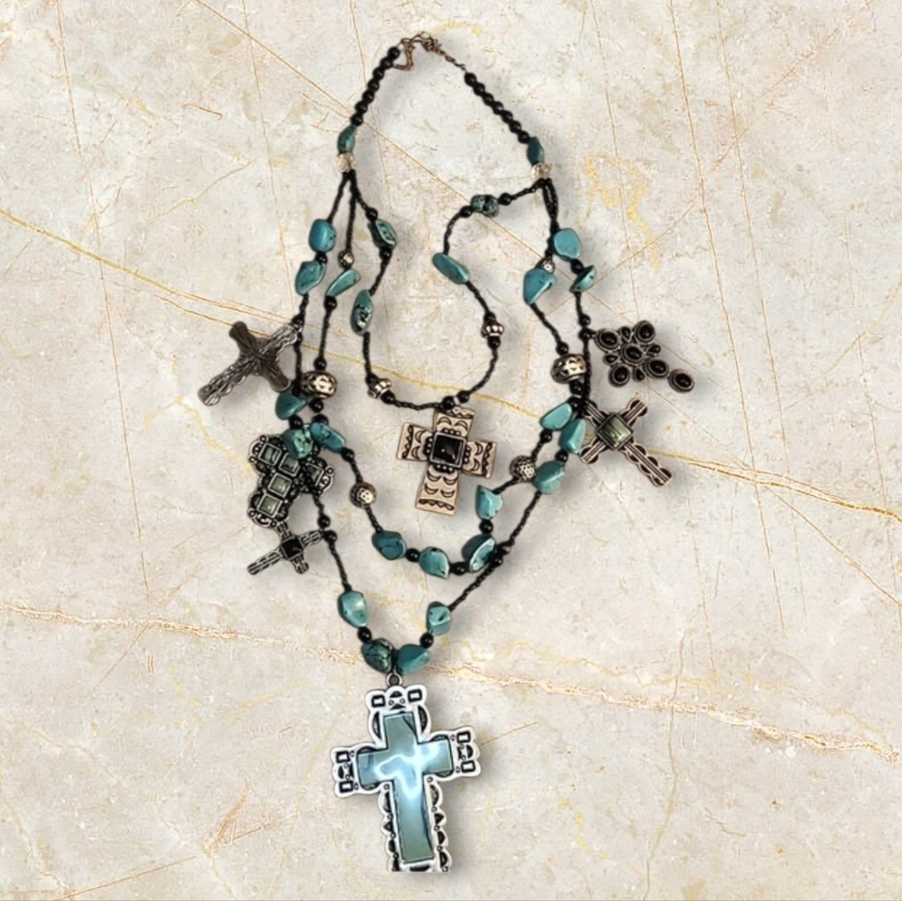 Southwestern Turquoise Onyx and Silver Cross Pendant Necklace